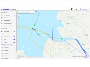 The TimeCaster web app: previous shipping routes are displayed in blue, and predicted future routes shown in yellow (Image: cloudeo)
