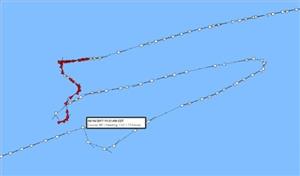 The ACX Crystal vessel track from PortVision 360. The red segments indicate where the vessel slowed to below 5 knots. (Image: PortVision)