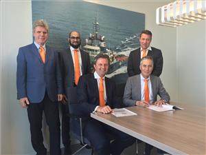 Signing of the contract, from left: Uwe Adams (Fleet Manager, ALP Maritime Services BV), Hamza Al-Harazi (Technical Superintendent, ALP Maritime Services BV), Nico van Leeuwen (Director Global Sales Services, Radio Holland), Leo M. Leusink (COO, Fleet & Operations, ALP Maritime Services BV) and Wim Nieuwveld (Global Contract Manager Services, Radio Holland). (Photo: ALP Maritime Services)