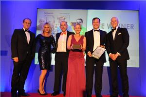 BVM Export Business of the Year L-R Tom Webb &  Anne-Marie Hamer from Mogers Drewett, Danny Thrasher, Lesley Keets & Phil Whitehurst from Actisensem, and Nick Thompson GB Sailor (Photo: Actisense)