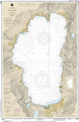 Chart 18665 of Lake Tahoe is the first traditional paper chart to be fully supplanted by an electronic navigational chart as part of NOAA’s Office of Coast Survey Raster Sunset Plan. (Image: NOAA)