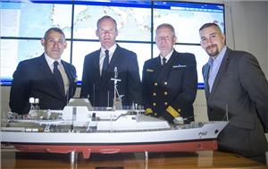 Left to right: Rory Fitzpatrick, ceo, National Space Center; Simon Coveney TD, Minister of Defense, Agriculture, Food and the Marine; Commodore Hugh Tully, Flag Officer Commanding Naval Service and John Makarus, operations director, Voyager IP at the launch of the new satellite service (Photo: Voyager IP)