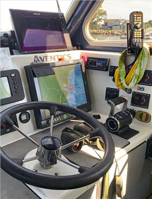 At the main helm of the FV Pinwheel, the Marex OS III Type 244 control head provides single-lever operation that combines both gear direction and engine speed. (Photo: Emerson)