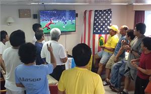 BW Prince crew enjoying World Cup coverage from KVH's satellite service. (Photo courtesy of BW Prince)